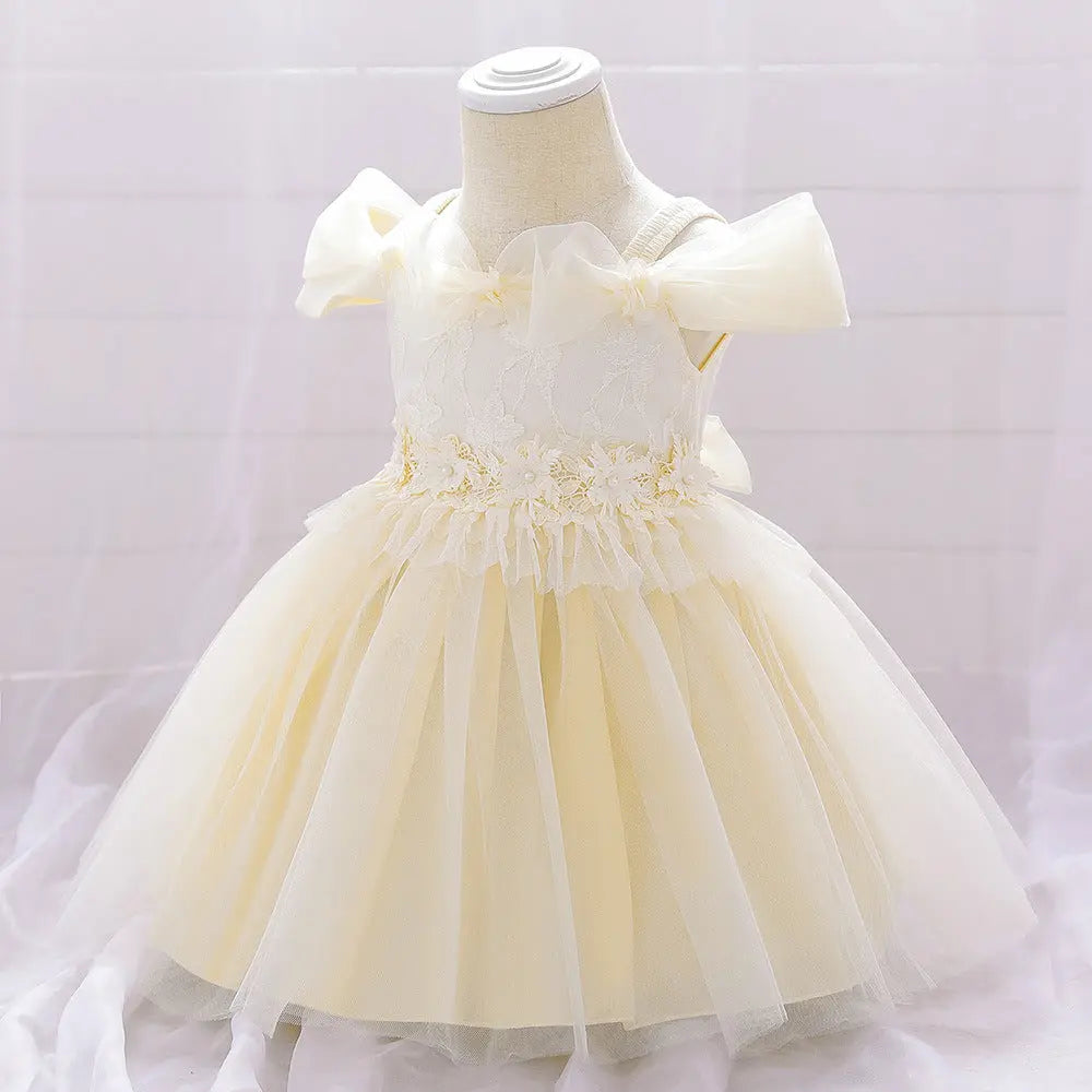 Newborn Baby Girl Birthday Baptism Dress One Shoulder Puff Sleeves Princess Dress My Kids-USA