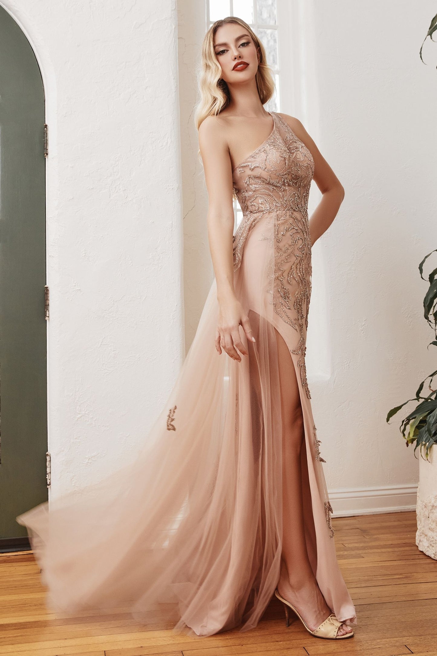 One Shoulder Embellished Gown With Tulle Overskirt