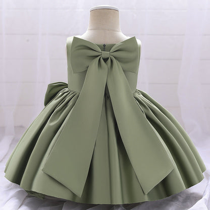 Baby Girl Solid Color Bow Patched Design Sleeveless Western Style Satin Dress My Kids-USA
