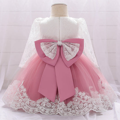 Baby Girl Bow Patched Design Long Sleeves Full Moon Christening Mesh Formal Dress My Kids-USA