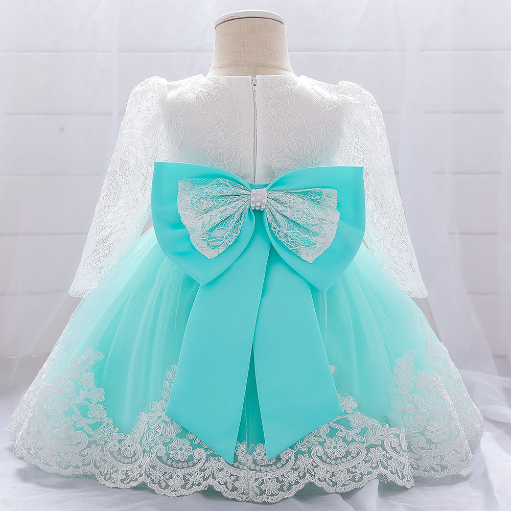 Baby Girl Bow Patched Design Long Sleeves Full Moon Christening Mesh Formal Dress My Kids-USA