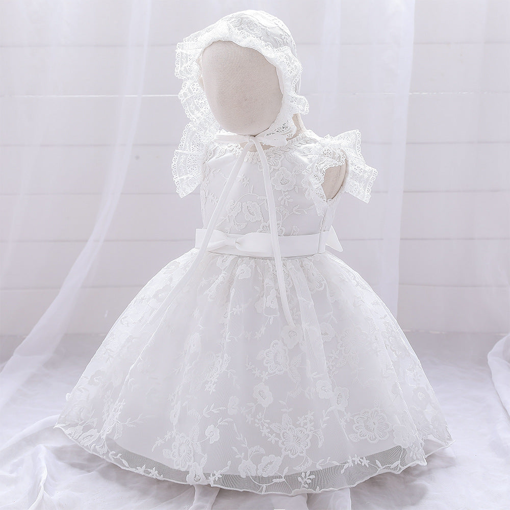 Baby Girl Solid Color Mesh Overlay Design Formal Baptism Birthday Gift Dress With Hat My Kids-USA