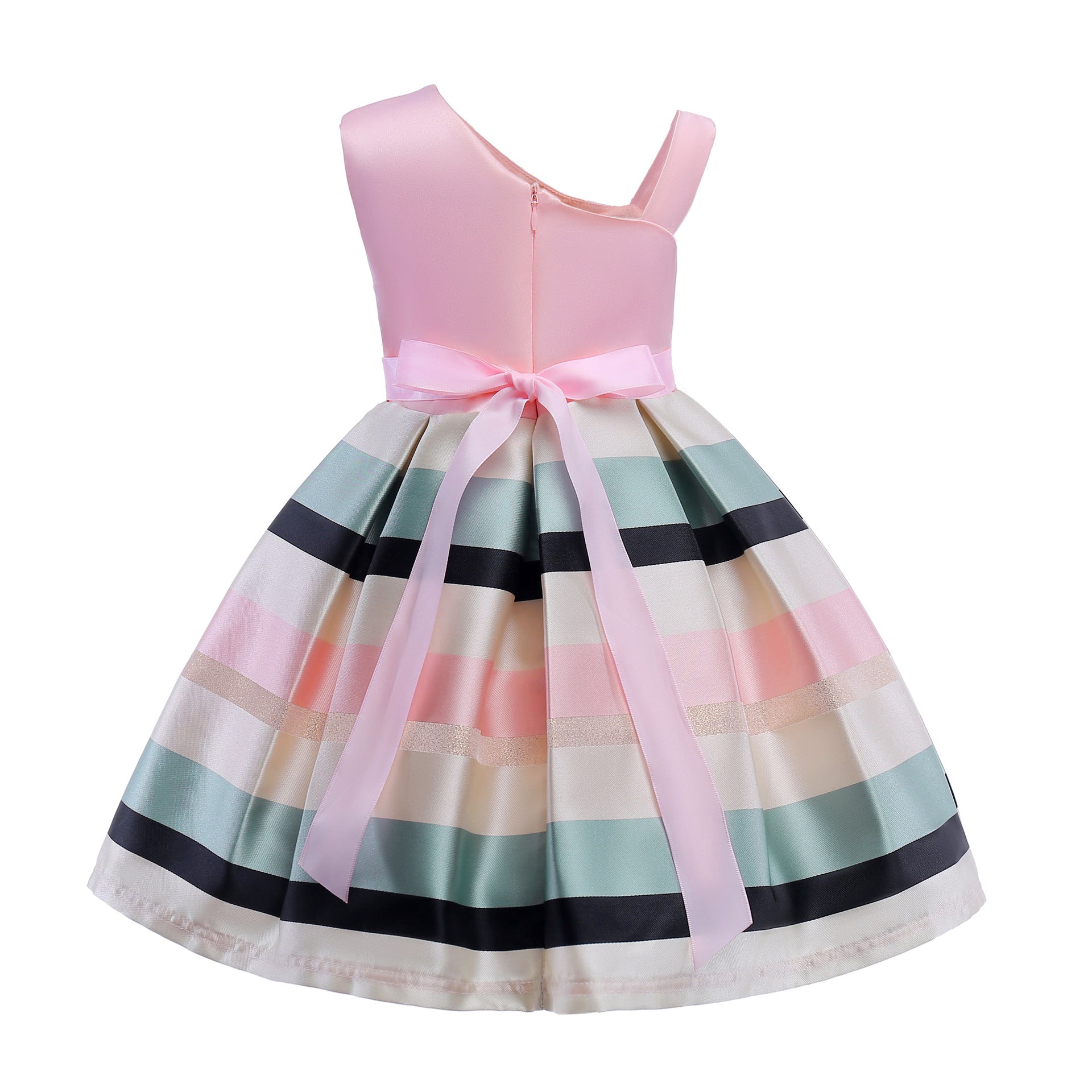 Baby Girl Floral Patched Pattern Striped Tutu Princess Dress One Shoulder Dress My Kids-USA