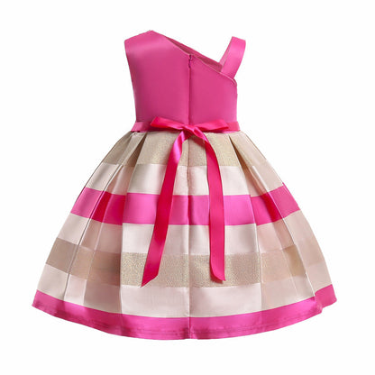 Baby Girl Floral Patched Pattern Striped Tutu Princess Dress One Shoulder Dress My Kids-USA