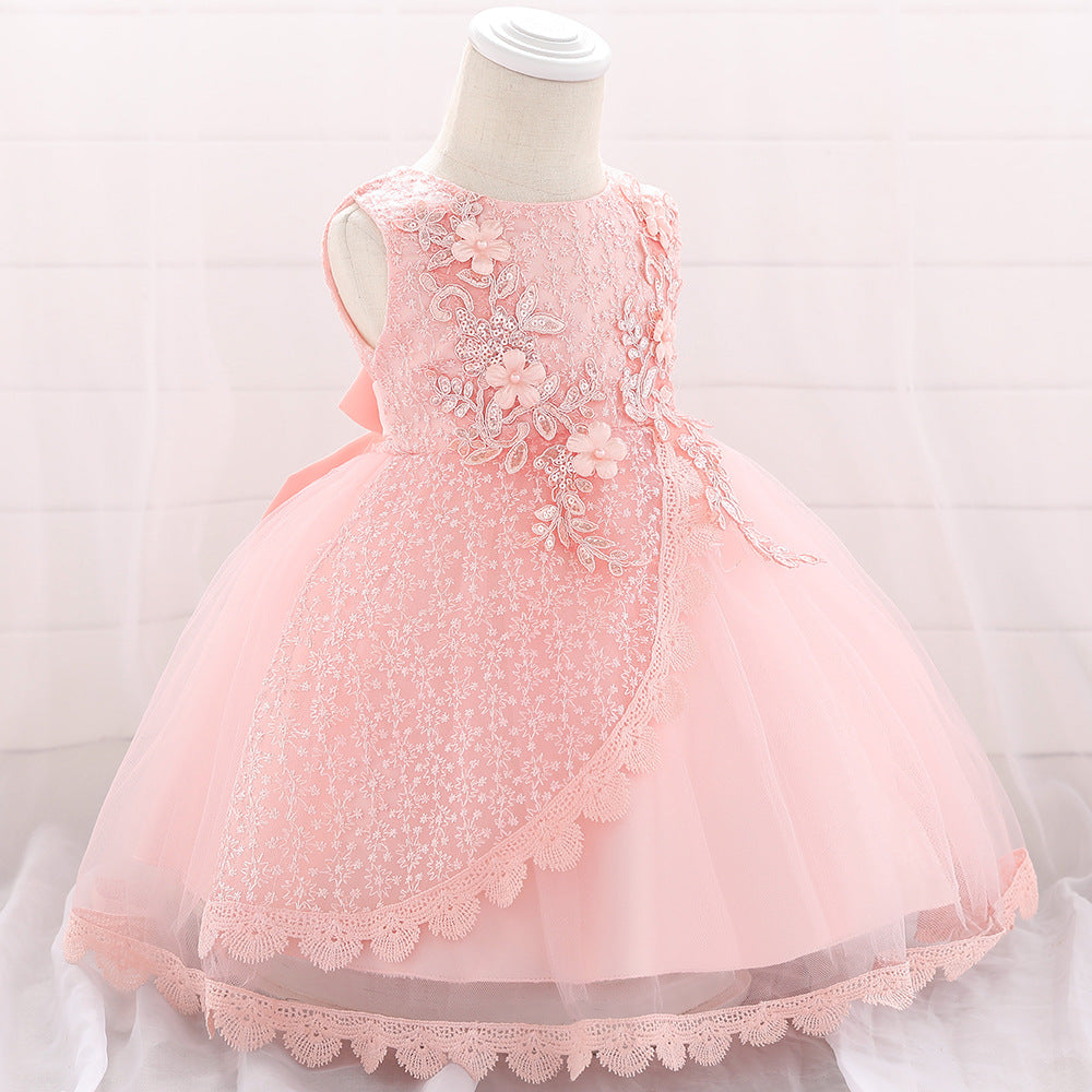 Baby Girl Floral Embroidered Pattern Full Moon Christening Sequins Tutu Dress My Kids-USA