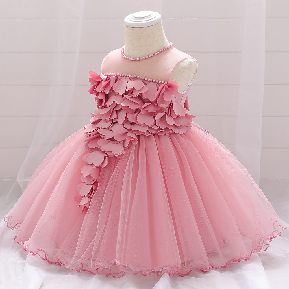 Baby Girl Petal Patched Design Sleeveless Full Moon Christening Mesh Dress My Kids-USA