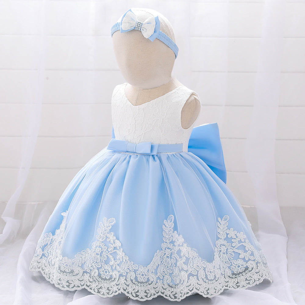 Baby Girl Floral Mesh Overlay Design Princess Full Moon Formal Dress & Headband My Kids-USA